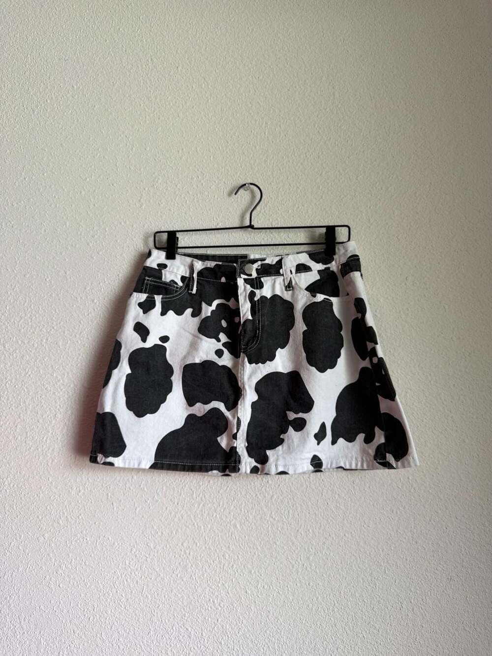 Black and White Cow Print Denim Mini Skirt‎ A-Line Western Festival Style